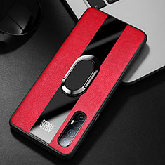 Silikon Hülle Handyhülle Gummi Schutzhülle Leder Tasche mit Magnetisch Fingerring Ständer S01 für Oppo Find X2 Neo Rot