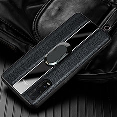Silikon Hülle Handyhülle Gummi Schutzhülle Leder Tasche mit Magnetisch Fingerring Ständer S01 für Oppo Find X2 Schwarz
