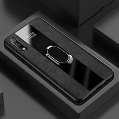 Silikon Hülle Handyhülle Gummi Schutzhülle Leder Tasche mit Magnetisch Fingerring Ständer S02 für Huawei Honor 9X Schwarz