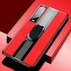 Silikon Hülle Handyhülle Gummi Schutzhülle Leder Tasche mit Magnetisch Fingerring Ständer S02 für Oppo Find X2 Pro Rot