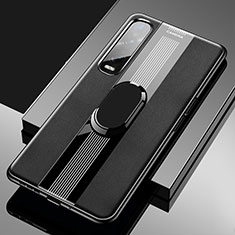 Silikon Hülle Handyhülle Gummi Schutzhülle Leder Tasche mit Magnetisch Fingerring Ständer S02 für Oppo Find X2 Pro Schwarz