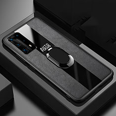 Silikon Hülle Handyhülle Gummi Schutzhülle Leder Tasche mit Magnetisch Fingerring Ständer S03 für Huawei P40 Pro+ Plus Schwarz