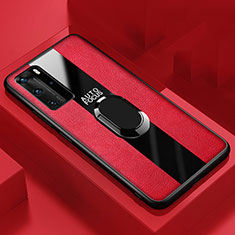 Silikon Hülle Handyhülle Gummi Schutzhülle Leder Tasche mit Magnetisch Fingerring Ständer S03 für Huawei P40 Pro Rot