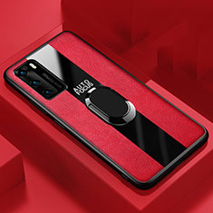 Silikon Hülle Handyhülle Gummi Schutzhülle Leder Tasche mit Magnetisch Fingerring Ständer S03 für Huawei P40 Rot