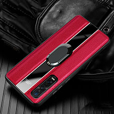 Silikon Hülle Handyhülle Gummi Schutzhülle Leder Tasche mit Magnetisch Fingerring Ständer S03 für Oppo Find X2 Pro Rot