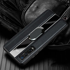 Silikon Hülle Handyhülle Gummi Schutzhülle Leder Tasche mit Magnetisch Fingerring Ständer S03 für Oppo Find X2 Pro Schwarz