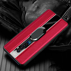 Silikon Hülle Handyhülle Gummi Schutzhülle Leder Tasche mit Magnetisch Fingerring Ständer S03 für Oppo Reno2 Rot