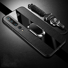 Silikon Hülle Handyhülle Gummi Schutzhülle Leder Tasche mit Magnetisch Fingerring Ständer S03 für Xiaomi Mi 10 Pro Schwarz