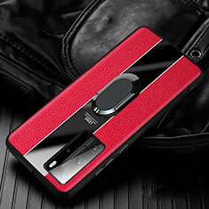 Silikon Hülle Handyhülle Gummi Schutzhülle Leder Tasche mit Magnetisch Fingerring Ständer S04 für Huawei P40 Pro Rot
