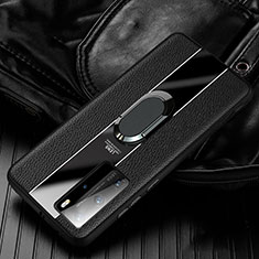Silikon Hülle Handyhülle Gummi Schutzhülle Leder Tasche mit Magnetisch Fingerring Ständer S04 für Huawei P40 Pro Schwarz
