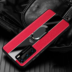 Silikon Hülle Handyhülle Gummi Schutzhülle Leder Tasche mit Magnetisch Fingerring Ständer S04 für Huawei P40 Rot