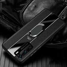 Silikon Hülle Handyhülle Gummi Schutzhülle Leder Tasche mit Magnetisch Fingerring Ständer S04 für Huawei P40 Schwarz