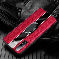 Silikon Hülle Handyhülle Gummi Schutzhülle Leder Tasche mit Magnetisch Fingerring Ständer S04 für Oppo Find X2 Neo Rot