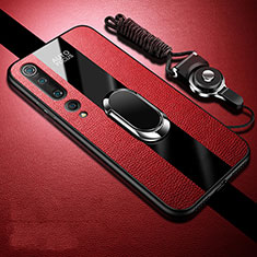 Silikon Hülle Handyhülle Gummi Schutzhülle Leder Tasche mit Magnetisch Fingerring Ständer S07 für Xiaomi Mi 10 Rot