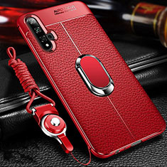 Silikon Hülle Handyhülle Gummi Schutzhülle Leder Tasche mit Magnetisch Fingerring Ständer T01 für Huawei Honor 20 Rot