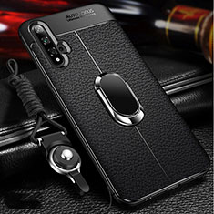 Silikon Hülle Handyhülle Gummi Schutzhülle Leder Tasche mit Magnetisch Fingerring Ständer T01 für Huawei Honor 20 Schwarz