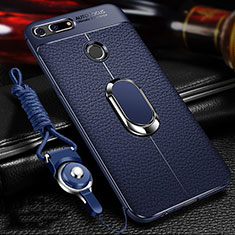 Silikon Hülle Handyhülle Gummi Schutzhülle Leder Tasche mit Magnetisch Fingerring Ständer T01 für Huawei Honor View 20 Blau