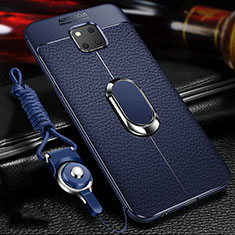 Silikon Hülle Handyhülle Gummi Schutzhülle Leder Tasche mit Magnetisch Fingerring Ständer T01 für Huawei Mate 20 Pro Blau