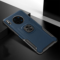 Silikon Hülle Handyhülle Gummi Schutzhülle Leder Tasche mit Magnetisch Fingerring Ständer T01 für Huawei Mate 30 5G Blau