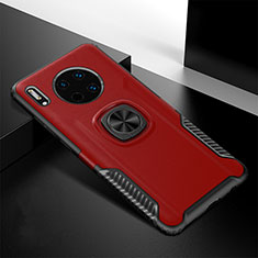 Silikon Hülle Handyhülle Gummi Schutzhülle Leder Tasche mit Magnetisch Fingerring Ständer T01 für Huawei Mate 30 5G Rot
