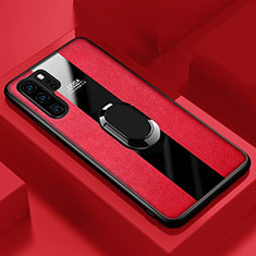 Silikon Hülle Handyhülle Gummi Schutzhülle Leder Tasche mit Magnetisch Fingerring Ständer T01 für Huawei P30 Pro New Edition Rot