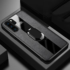 Silikon Hülle Handyhülle Gummi Schutzhülle Leder Tasche mit Magnetisch Fingerring Ständer T01 für Huawei P30 Pro Schwarz