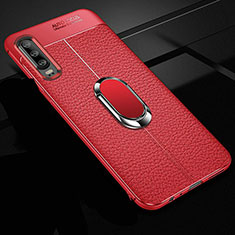 Silikon Hülle Handyhülle Gummi Schutzhülle Leder Tasche mit Magnetisch Fingerring Ständer T01 für Huawei P30 Rot