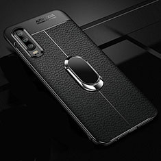 Silikon Hülle Handyhülle Gummi Schutzhülle Leder Tasche mit Magnetisch Fingerring Ständer T01 für Huawei P30 Schwarz