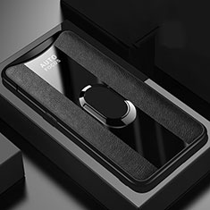 Silikon Hülle Handyhülle Gummi Schutzhülle Leder Tasche mit Magnetisch Fingerring Ständer T01 für Oppo Find X Schwarz