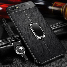 Silikon Hülle Handyhülle Gummi Schutzhülle Leder Tasche mit Magnetisch Fingerring Ständer T01 für Oppo R15X Schwarz