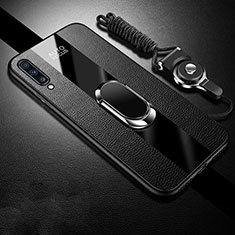 Silikon Hülle Handyhülle Gummi Schutzhülle Leder Tasche mit Magnetisch Fingerring Ständer T01 für Samsung Galaxy A70 Schwarz