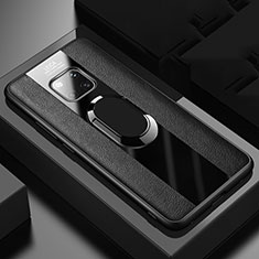 Silikon Hülle Handyhülle Gummi Schutzhülle Leder Tasche mit Magnetisch Fingerring Ständer T02 für Huawei Mate 20 Pro Schwarz