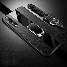 Silikon Hülle Handyhülle Gummi Schutzhülle Leder Tasche mit Magnetisch Fingerring Ständer T02 für Huawei P20 Pro Schwarz