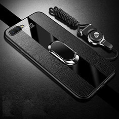 Silikon Hülle Handyhülle Gummi Schutzhülle Leder Tasche mit Magnetisch Fingerring Ständer T02 für Oppo RX17 Neo Schwarz