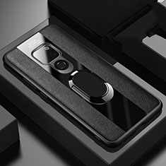 Silikon Hülle Handyhülle Gummi Schutzhülle Leder Tasche mit Magnetisch Fingerring Ständer T03 für Huawei Mate 20 Schwarz
