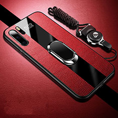 Silikon Hülle Handyhülle Gummi Schutzhülle Leder Tasche mit Magnetisch Fingerring Ständer T03 für Huawei P30 Pro New Edition Rot