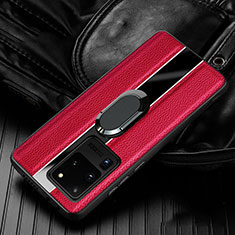 Silikon Hülle Handyhülle Gummi Schutzhülle Leder Tasche mit Magnetisch Fingerring Ständer T04 für Samsung Galaxy S20 Ultra 5G Rot