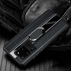 Silikon Hülle Handyhülle Gummi Schutzhülle Leder Tasche mit Magnetisch Fingerring Ständer T04 für Samsung Galaxy S20 Ultra 5G Schwarz