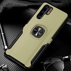 Silikon Hülle Handyhülle Gummi Schutzhülle Leder Tasche mit Magnetisch Fingerring Ständer T05 für Huawei P30 Pro Gold