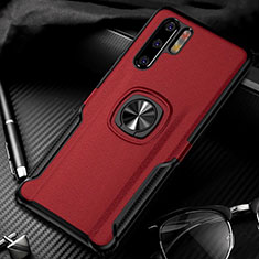 Silikon Hülle Handyhülle Gummi Schutzhülle Leder Tasche mit Magnetisch Fingerring Ständer T05 für Huawei P30 Pro New Edition Rot