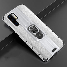 Silikon Hülle Handyhülle Gummi Schutzhülle Leder Tasche mit Magnetisch Fingerring Ständer T06 für Huawei P30 Pro New Edition Silber