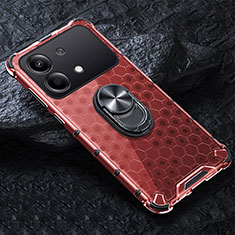 Silikon Hülle Handyhülle Rahmen Schutzhülle Durchsichtig Transparent Spiegel 360 Grad Ganzkörper mit Magnetisch Fingerring Ständer AM1 für Xiaomi Redmi Note 13R Pro 5G Rot