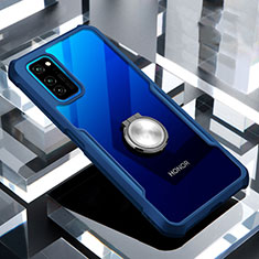 Silikon Hülle Handyhülle Rahmen Schutzhülle Durchsichtig Transparent Spiegel 360 Grad mit Magnetisch Fingerring Ständer für Huawei Honor V30 Pro 5G Blau