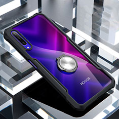 Silikon Hülle Handyhülle Rahmen Schutzhülle Durchsichtig Transparent Spiegel 360 Grad mit Magnetisch Fingerring Ständer für Huawei P Smart Pro (2019) Schwarz