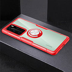 Silikon Hülle Handyhülle Rahmen Schutzhülle Durchsichtig Transparent Spiegel 360 Grad mit Magnetisch Fingerring Ständer für Huawei P40 Rot