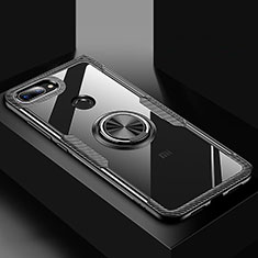 Silikon Hülle Handyhülle Rahmen Schutzhülle Durchsichtig Transparent Spiegel 360 Grad mit Magnetisch Fingerring Ständer für Xiaomi Mi 8 Lite Schwarz