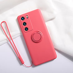 Silikon Hülle Handyhülle Ultra Dünn Schutzhülle Flexible Tasche Silikon mit Magnetisch Fingerring Ständer T01 für Huawei P40 Rot