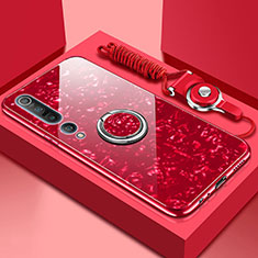 Silikon Hülle Handyhülle Ultra Dünn Schutzhülle Flexible Tasche Silikon mit Magnetisch Fingerring Ständer T01 für Xiaomi Mi 10 Pro Rot