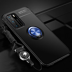 Silikon Hülle Handyhülle Ultra Dünn Schutzhülle Flexible Tasche Silikon mit Magnetisch Fingerring Ständer T02 für Huawei P40 Blau und Schwarz