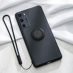 Silikon Hülle Handyhülle Ultra Dünn Schutzhülle Flexible Tasche Silikon mit Magnetisch Fingerring Ständer T02 für Huawei P40 Pro Schwarz